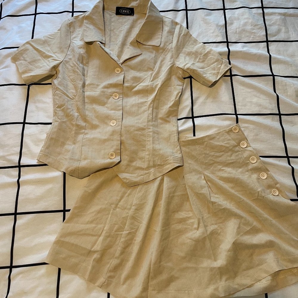 Cider Mini Skirt and Button-Up Tan Two-Piece Set